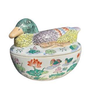 Vintage! 1970s Chinese Hand-Painted Polychrome Nesting Duck Tureen Porcelain